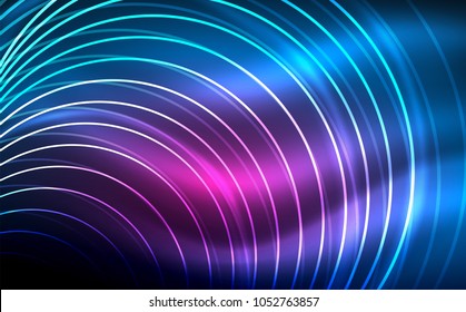 Circular glowing neon shapes, techno background. Abstract shiny transparent circles on dark technology space. Glowing neon circles, techno digital background