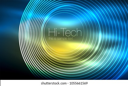 Circular glowing neon shapes, techno background. Abstract shiny transparent circles on dark technology space. Glowing neon circles, techno digital background