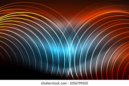 Formas de neón brillante circular, fondo tecno. Resumen de círculos transparentes brillantes en el espacio de tecnología oscura. Círculos de neón brillantes, fondo digital tecno