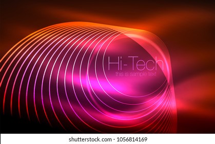 Formas de neón brillante circular, fondo tecno. Resumen de círculos transparentes brillantes en el espacio de tecnología oscura. Círculos de neón brillantes, fondo digital tecno