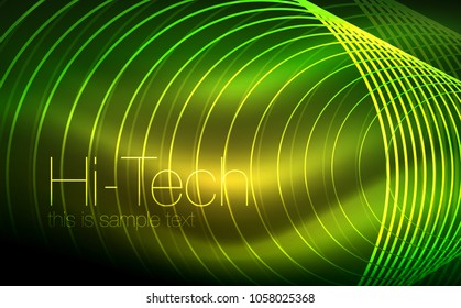 Circular glowing neon shapes, techno background. Abstract shiny transparent circles on dark technology space. Glowing neon circles, techno digital background