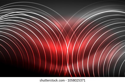 Circular glowing neon shapes, techno background. Abstract shiny transparent circles on dark technology space. Glowing neon circles, techno digital background