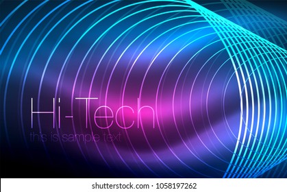 Circular glowing neon shapes, techno background. Abstract shiny transparent circles on dark technology space. Glowing neon circles, techno digital background