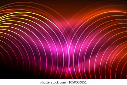 Circular glowing neon shapes, techno background. Abstract shiny transparent circles on dark technology space. Glowing neon circles, techno digital background