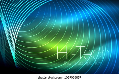 Formas de neón brillante circular, fondo tecno. Resumen de círculos transparentes brillantes en el espacio de tecnología oscura. Círculos de neón brillantes, fondo digital tecno