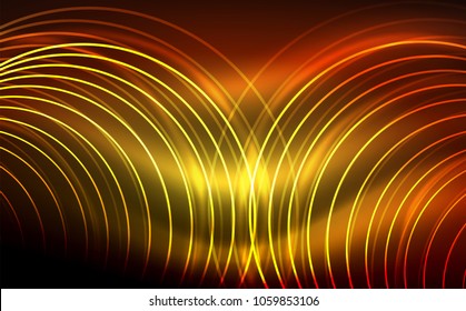 Circular glowing neon shapes, techno background. Abstract shiny transparent circles on dark technology space. Glowing neon circles, techno digital background