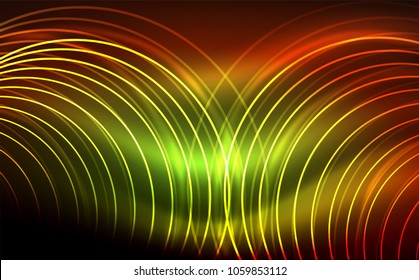 Circular glowing neon shapes, techno background. Abstract shiny transparent circles on dark technology space. Glowing neon circles, techno digital background
