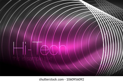 Circular glowing neon shapes, techno background. Abstract shiny transparent circles on dark technology space. Glowing neon circles, techno digital background