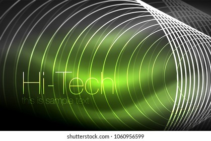 Circular glowing neon shapes, techno background. Abstract shiny transparent circles on dark technology space. Glowing neon circles, techno digital background
