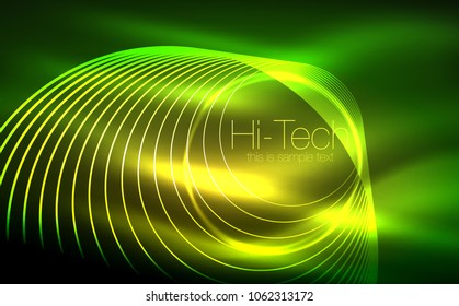 Circular glowing neon shapes, techno background. Abstract shiny transparent circles on dark technology space. Glowing neon circles, techno digital background