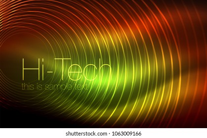 Formas de neón brillante circular, fondo tecno. Resumen de círculos transparentes brillantes en el espacio de tecnología oscura. Círculos de neón brillantes, fondo digital tecno