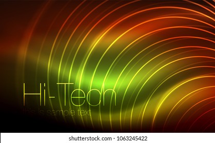 Formas de néon com brilho circular, fundo techno. Círculos transparentes brilhantes no espaço de tecnologia escura. Círculos de néon brilhantes, fundo digital techno