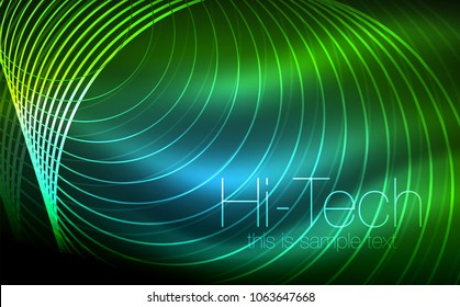 Circular glowing neon shapes, techno background. Abstract shiny transparent circles on dark technology space. Glowing neon circles, techno digital background