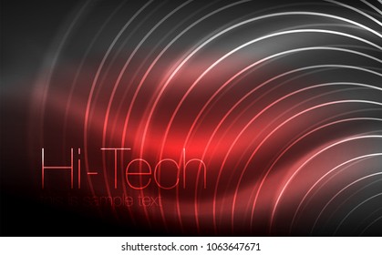 Circular glowing neon shapes, techno background. Abstract shiny transparent circles on dark technology space. Glowing neon circles, techno digital background