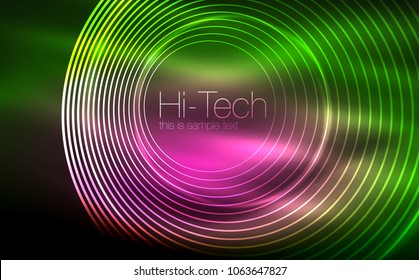 Circular glowing neon shapes, techno background. Abstract shiny transparent circles on dark technology space. Glowing neon circles, techno digital background