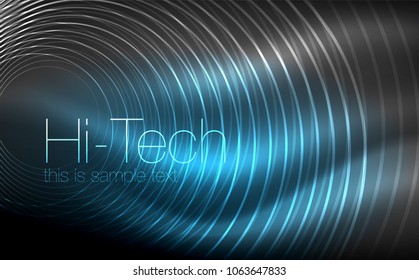 Circular glowing neon shapes, techno background. Abstract shiny transparent circles on dark technology space. Glowing neon circles, techno digital background