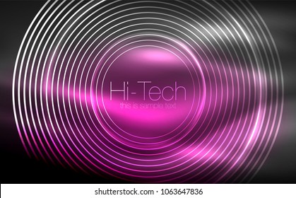 Circular glowing neon shapes, techno background. Abstract shiny transparent circles on dark technology space. Glowing neon circles, techno digital background