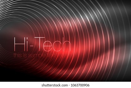 Circular glowing neon shapes, techno background. Abstract shiny transparent circles on dark technology space. Glowing neon circles, techno digital background