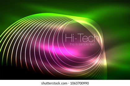 Circular glowing neon shapes, techno background. Abstract shiny transparent circles on dark technology space. Glowing neon circles, techno digital background