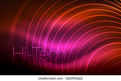 Circular glowing neon shapes, techno background. Abstract shiny transparent circles on dark technology space. Glowing neon circles, techno digital background