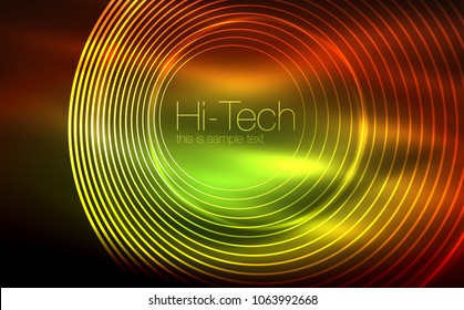 Circular glowing neon shapes, techno background. Abstract shiny transparent circles on dark technology space. Glowing neon circles, techno digital background