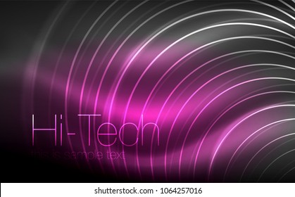 Formas de neón brillante circular, fondo tecno. Resumen de círculos transparentes brillantes en el espacio de tecnología oscura. Círculos de neón brillantes, fondo digital tecno