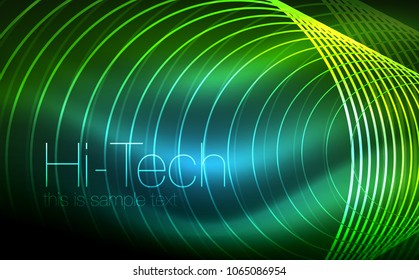 Circular glowing neon shapes, techno background. Abstract shiny transparent circles on dark technology space. Glowing neon circles, techno digital background