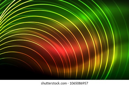Circular glowing neon shapes, techno background. Abstract shiny transparent circles on dark technology space. Glowing neon circles, techno digital background