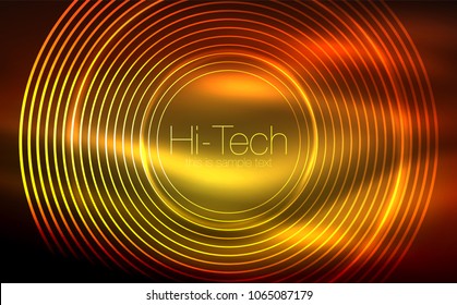 Circular glowing neon shapes, techno background. Abstract shiny transparent circles on dark technology space. Glowing neon circles, techno digital background