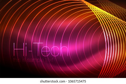 Circular glowing neon shapes, techno background. Abstract shiny transparent circles on dark technology space. Glowing neon circles, techno digital background