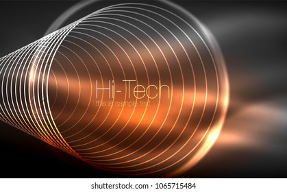 Circular glowing neon shapes, techno background. Abstract shiny transparent circles on dark technology space. Glowing neon circles, techno digital background