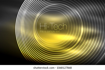 Circular glowing neon shapes, techno background. Abstract shiny transparent circles on dark technology space. Glowing neon circles, techno digital background