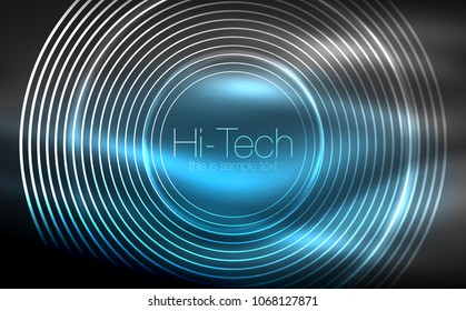 Circular glowing neon shapes, techno background. Abstract shiny transparent circles on dark technology space. Glowing neon circles, techno digital background