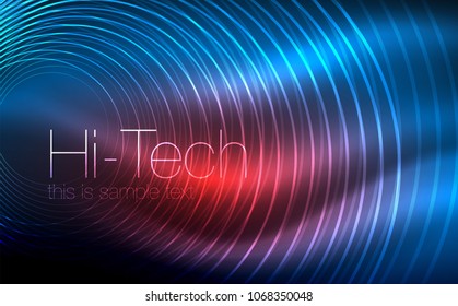 Circular glowing neon shapes, techno background. Abstract shiny transparent circles on dark technology space. Glowing neon circles, techno digital background