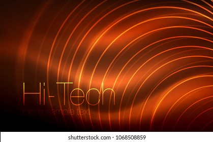 Circular glowing neon shapes, techno background. Abstract shiny transparent circles on dark technology space. Glowing neon circles, techno digital background