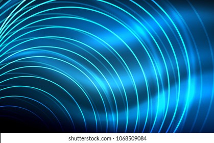 Circular glowing neon shapes, techno background. Abstract shiny transparent circles on dark technology space. Glowing neon circles, techno digital background