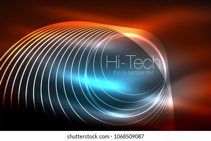 Formas de neón brillante circular, fondo tecno. Resumen de círculos transparentes brillantes en el espacio de tecnología oscura. Círculos de neón brillantes, fondo digital tecno