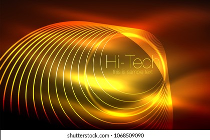 Circular glowing neon shapes, techno background. Abstract shiny transparent circles on dark technology space. Glowing neon circles, techno digital background