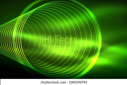 Circular glowing neon shapes, techno background. Abstract shiny transparent circles on dark technology space. Glowing neon circles, techno digital background