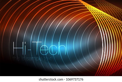 Circular glowing neon shapes, techno background. Abstract shiny transparent circles on dark technology space. Glowing neon circles, techno digital background