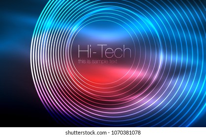 Circular glowing neon shapes, techno background. Abstract shiny transparent circles on dark technology space. Glowing neon circles, techno digital background