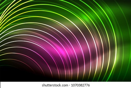 Formas de neón brillante circular, fondo tecno. Resumen de círculos transparentes brillantes en el espacio de tecnología oscura. Círculos de neón brillantes, fondo digital tecno