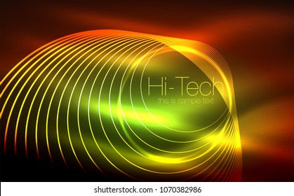 Circular glowing neon shapes, techno background. Abstract shiny transparent circles on dark technology space. Glowing neon circles, techno digital background