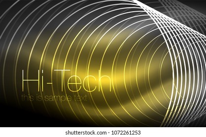 Circular glowing neon shapes, techno background. Abstract shiny transparent circles on dark technology space. Glowing neon circles, techno digital background