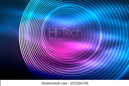 Circular glowing neon shapes, techno background. Abstract shiny transparent circles on dark technology space. Glowing neon circles, techno digital background