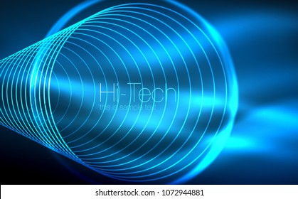 Formas de neón brillante circular, fondo tecno. Resumen de círculos transparentes brillantes en el espacio de tecnología oscura. Círculos de neón brillantes, fondo digital tecno