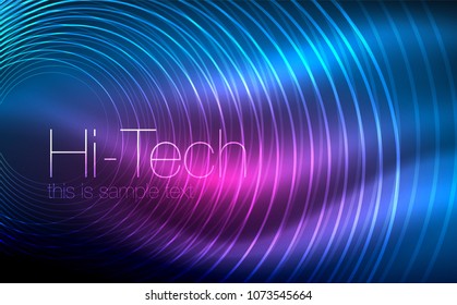 Circular glowing neon shapes, techno background. Abstract shiny transparent circles on dark technology space. Glowing neon circles, techno digital background