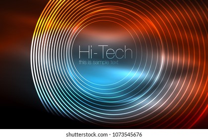 Circular glowing neon shapes, techno background. Abstract shiny transparent circles on dark technology space. Glowing neon circles, techno digital background