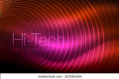 Circular glowing neon shapes, techno background. Abstract shiny transparent circles on dark technology space. Glowing neon circles, techno digital background