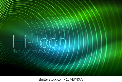 Circular glowing neon shapes, techno background. Abstract shiny transparent circles on dark technology space. Glowing neon circles, techno digital background